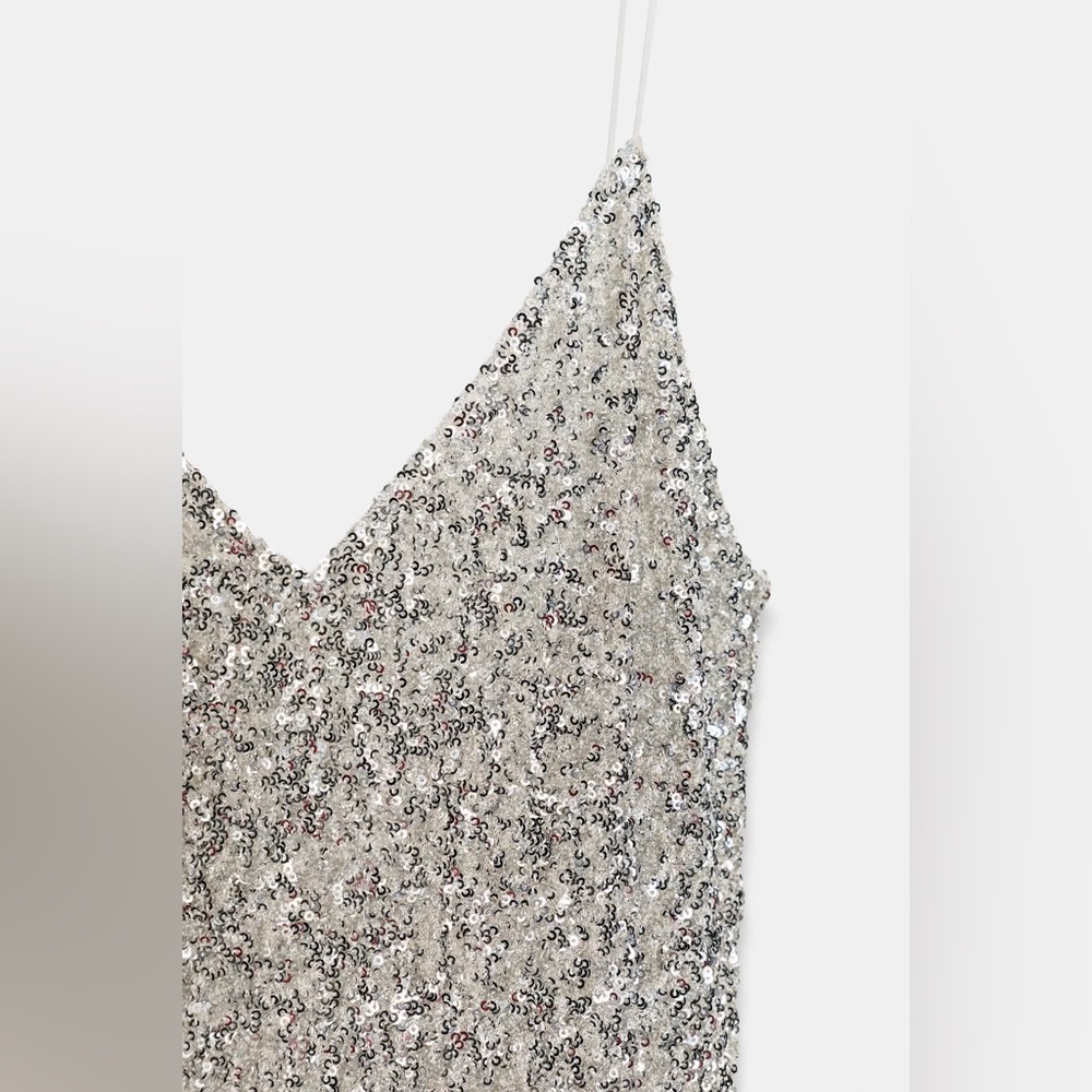 Zara long sequin silver v-neck midi dress sz.XS - Picture 9 of 13